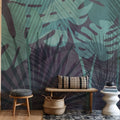 Big Monstera Leaves, Cyan Mural Wallpaper - room preview 02