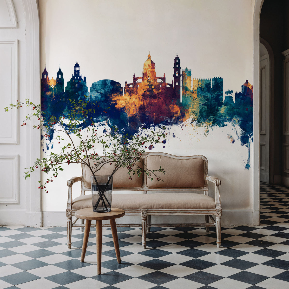 Jerez Spain Skyline Blue & Bronze Mural Wallpaper - room preview 02