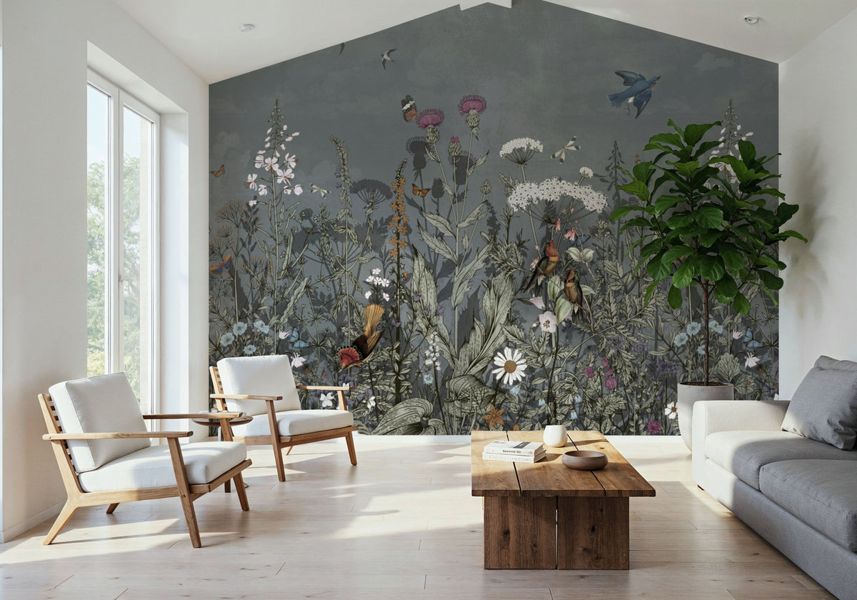 Meadow Finds Gray Mural Wallpaper - room preview 02