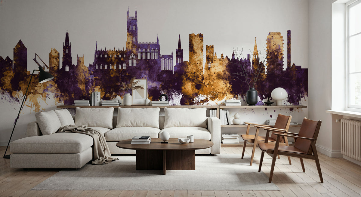 Gloucester England Skyline Purple & Gold Mural Wallpaper - room preview 02