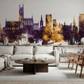 Gloucester England Skyline Purple & Gold Mural Wallpaper - room preview 02