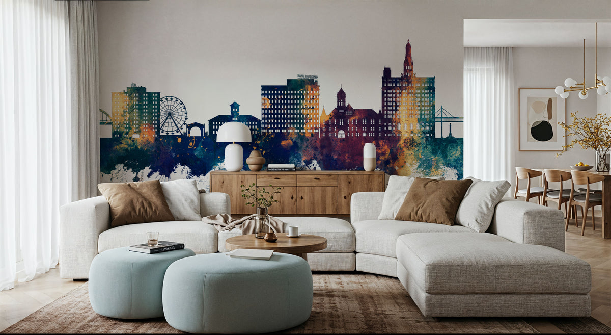 Davenport Iowa Skyline Blue & Bronze Mural Wallpaper - room preview 02