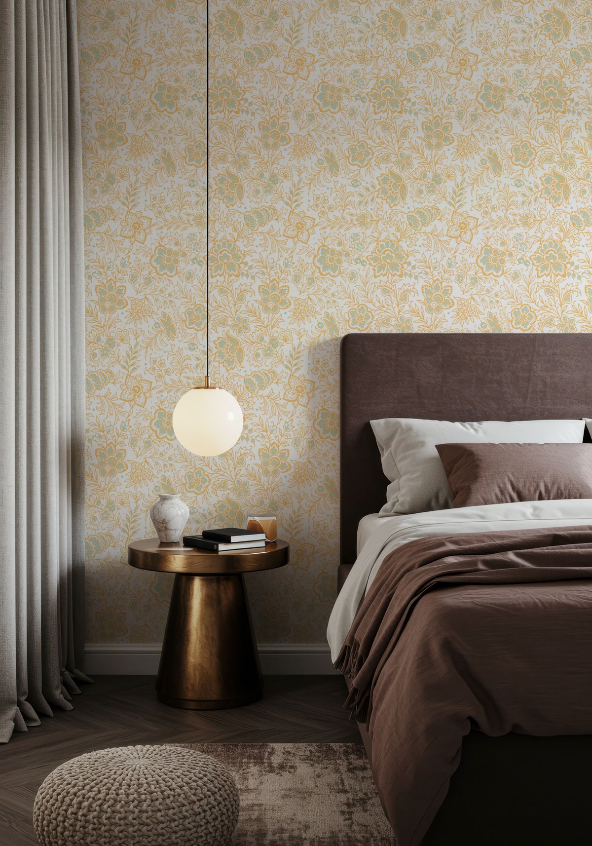 Kala Flowers Yellow on White Mural Wallpaper - room preview 02