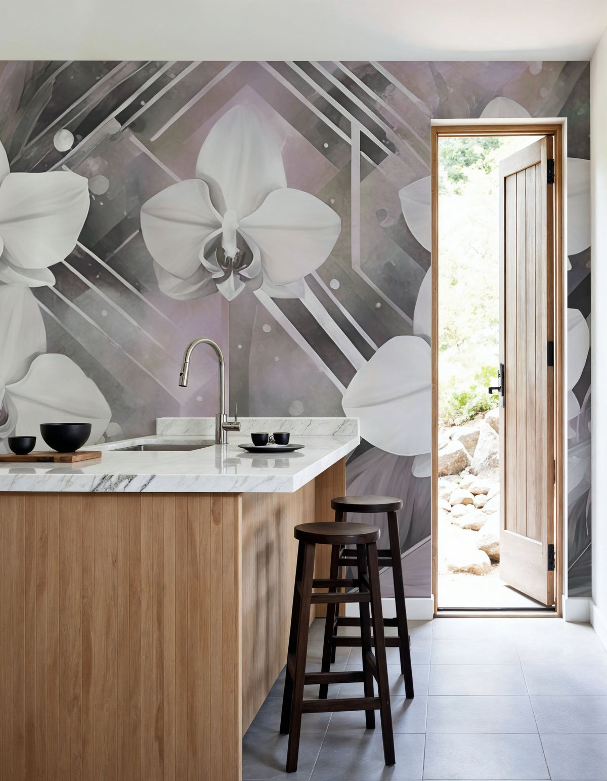 Geometry and Orchids Pink Mural Wallpaper - room preview 02