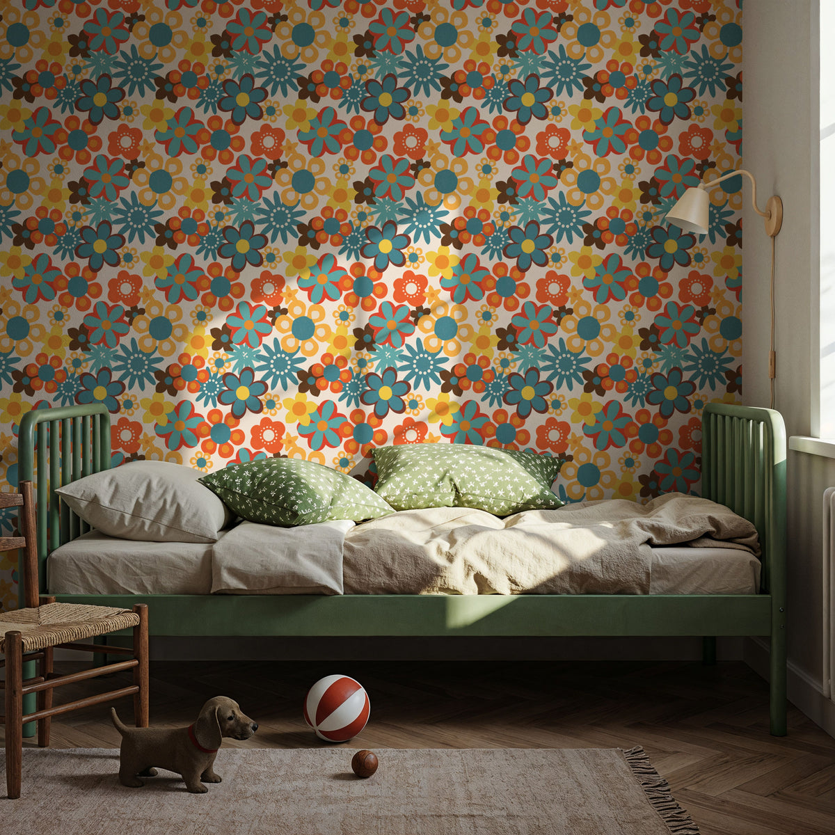 Flower Power, Yellow on Cream Mural Wallpaper - room preview 02