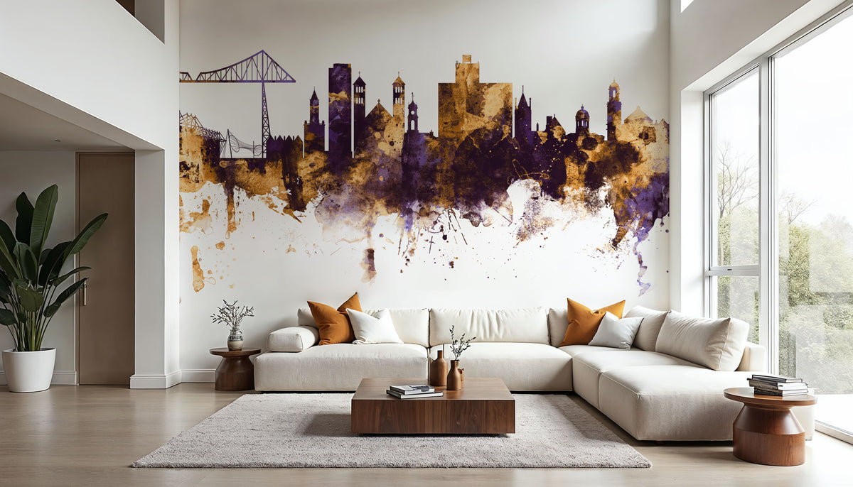 Middlesbrough England Skyline Purple & Gold Mural Wallpaper - room preview 02