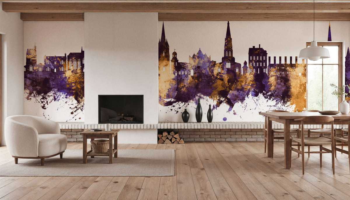 Lichfield England Skyline Purple & Gold Mural Wallpaper - room preview 02
