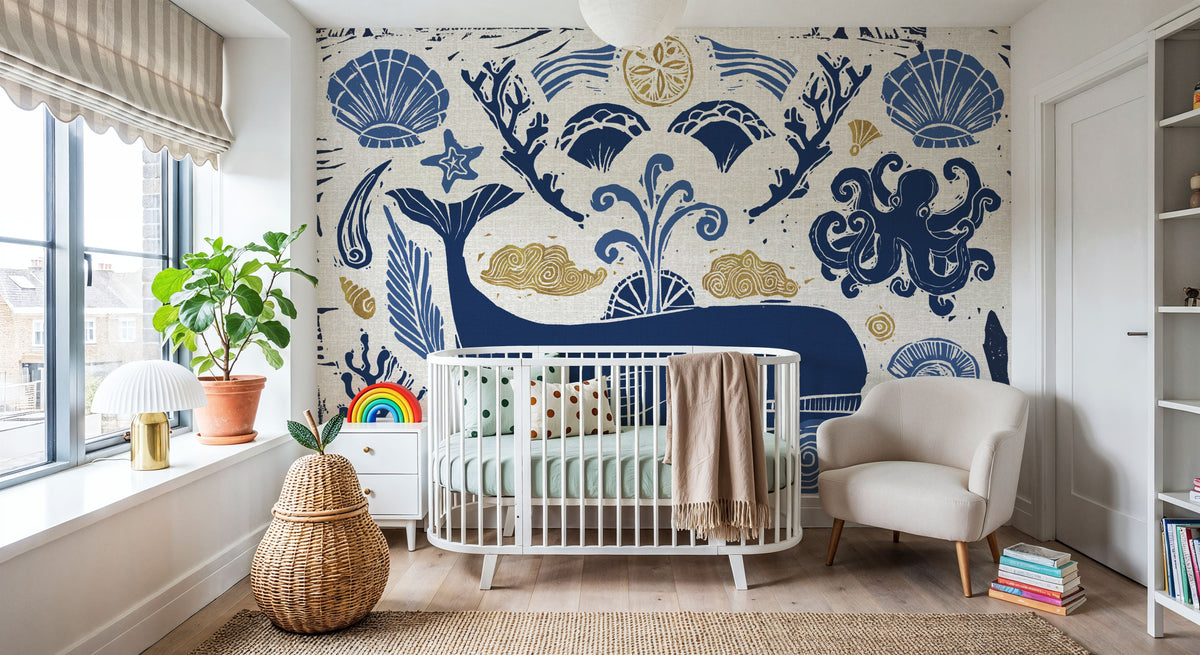 Whale Seas White Mural Wallpaper - room preview 02