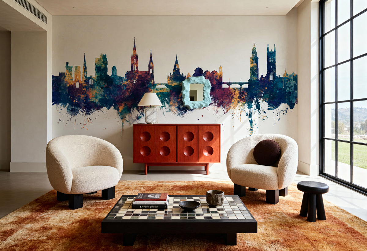 Cork Ireland Skyline Blue & Bronze Mural Wallpaper - room preview 02
