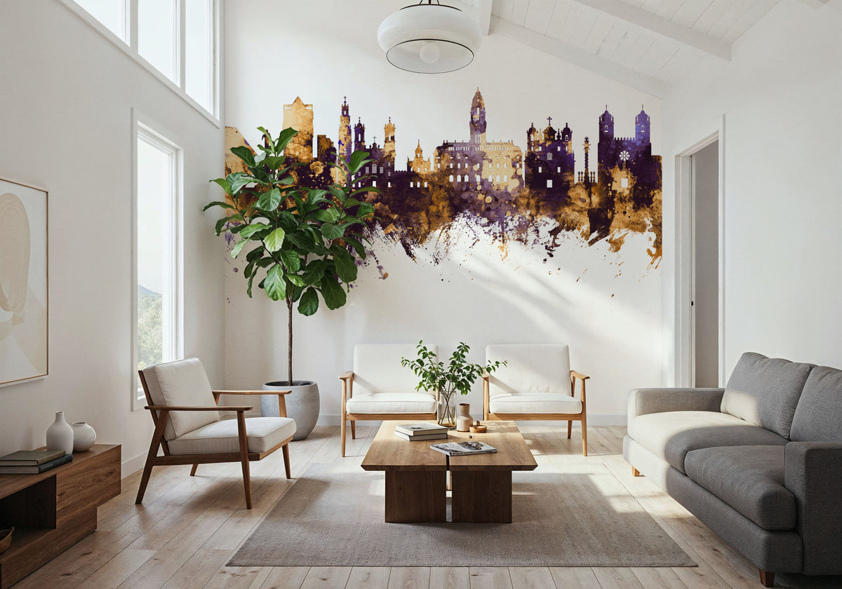 Porto Portugal Skyline Purple & Gold Mural Wallpaper - room preview 02