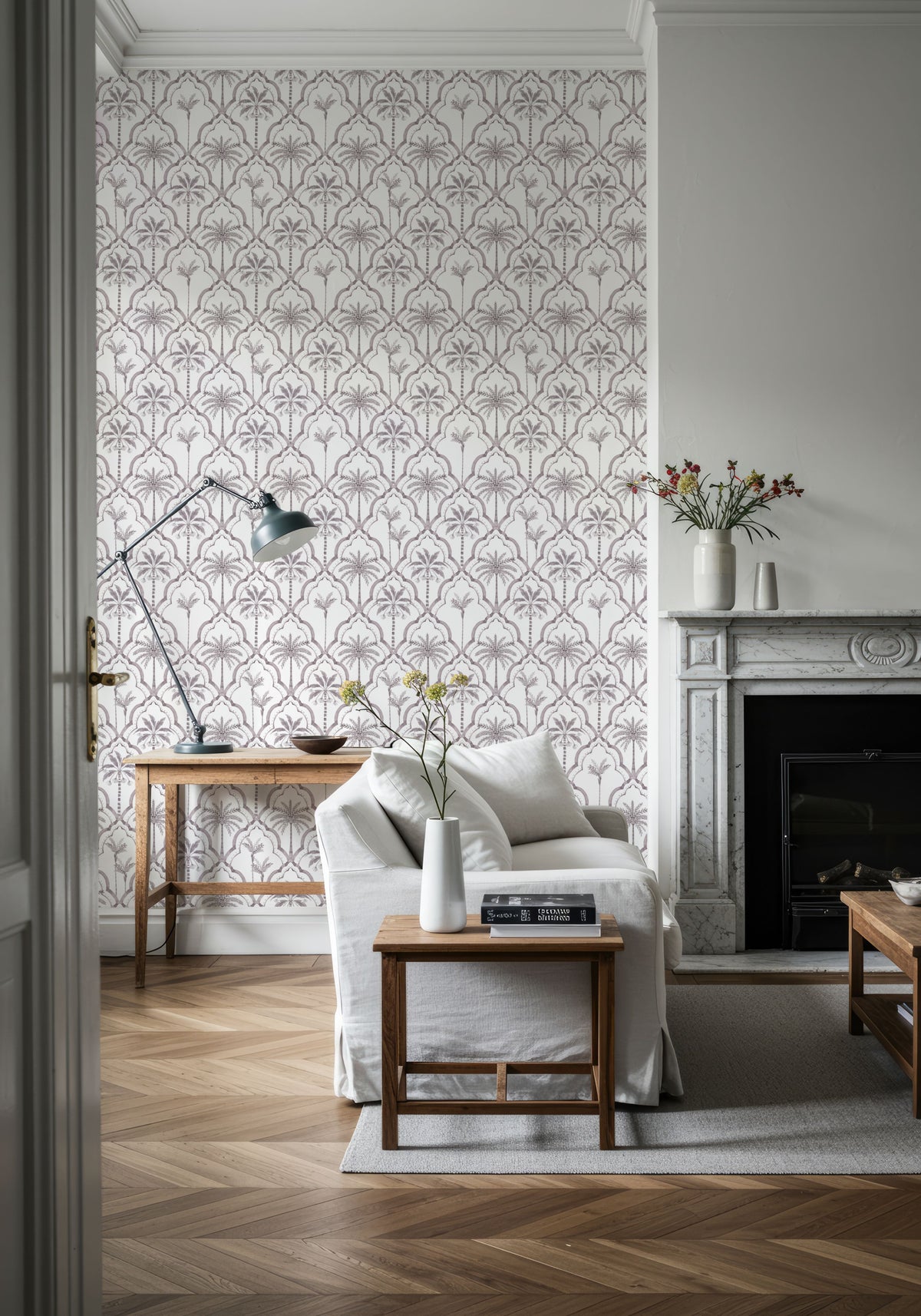 The Palm Lattice, Lavender Gray Mural Wallpaper - room preview 02