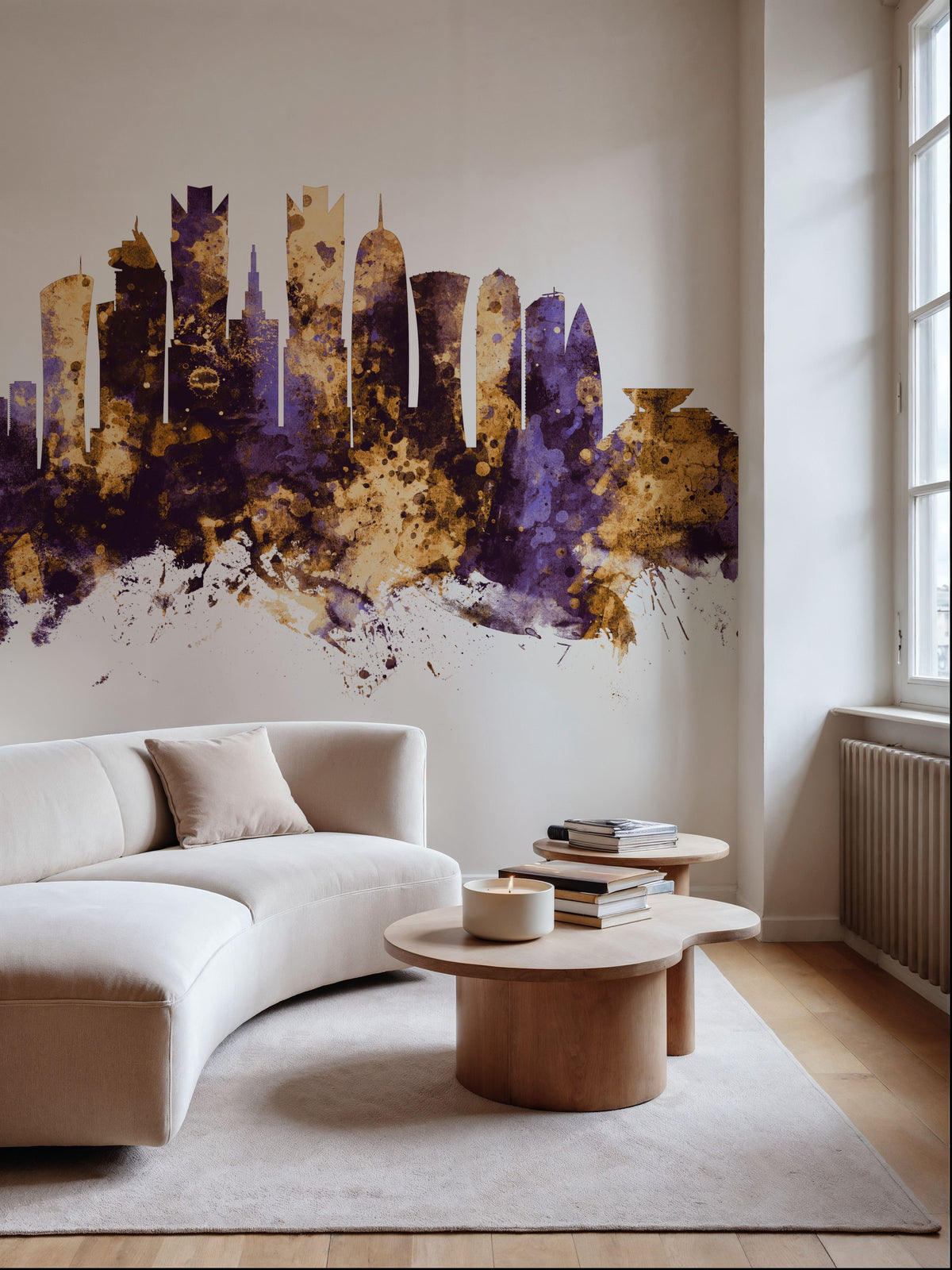 Doha Qatar Skyline Purpl & Gold Mural Wallpaper - room preview 02