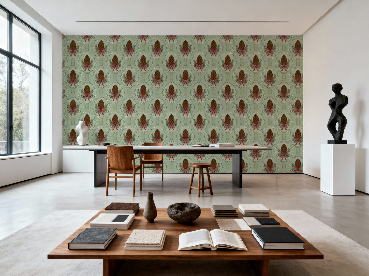 Pine Cone & Ornate Rackets, Mint Mural Wallpaper - room preview 02
