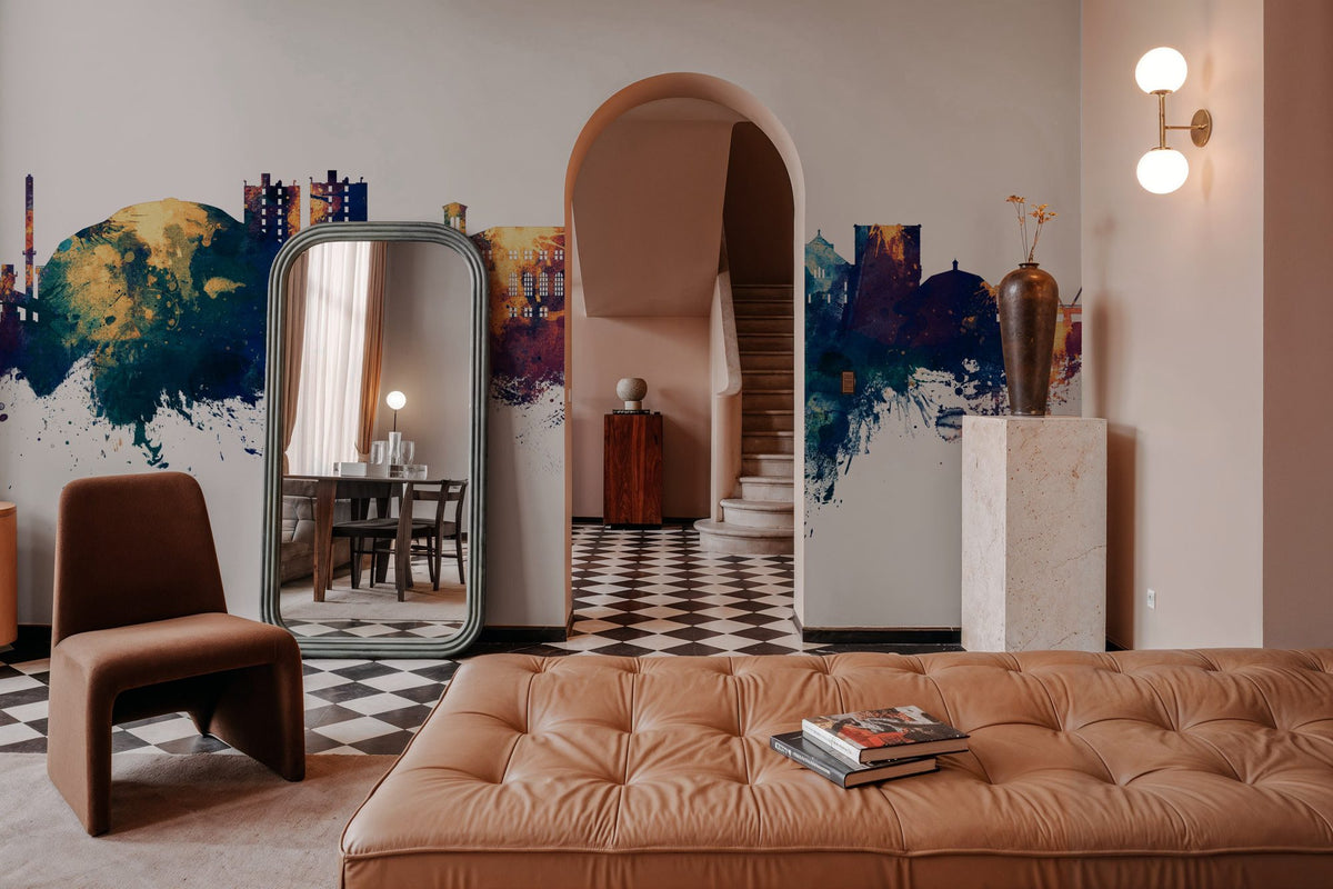 Cedar Falls Iowa Skyline Blue & Bronze Mural Wallpaper - room preview 02