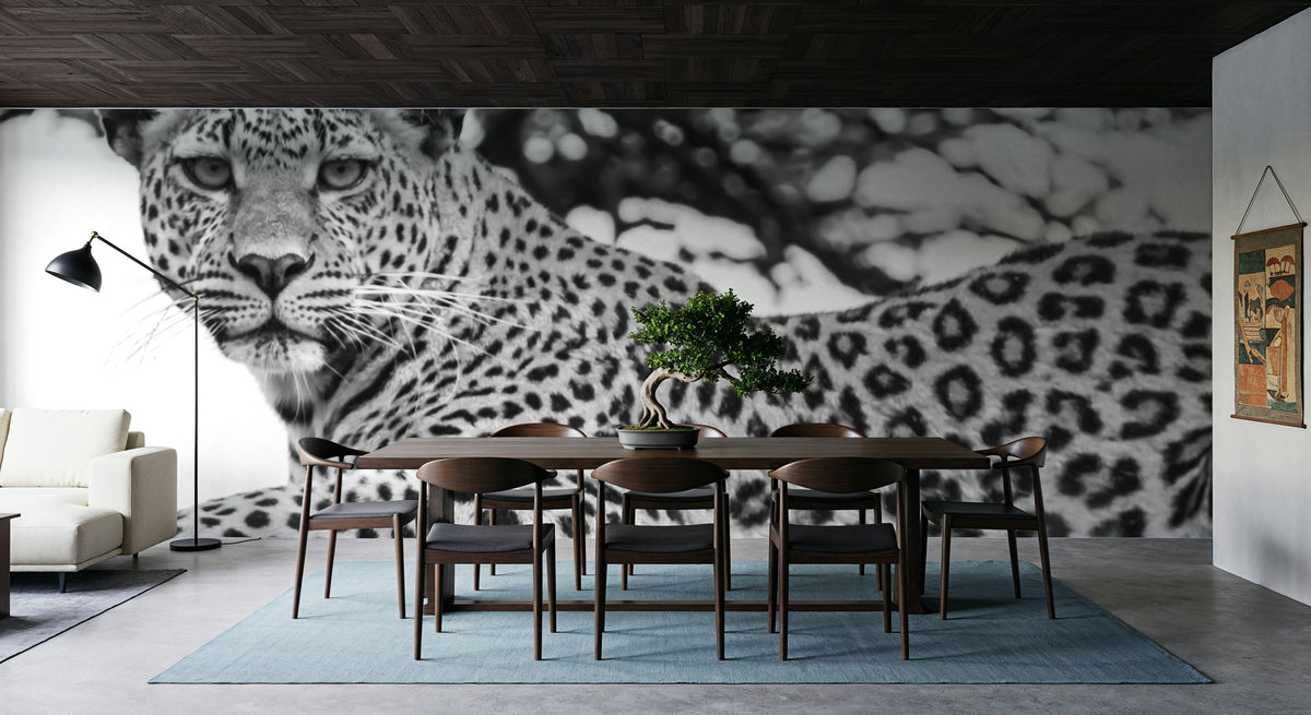 Lounging Leopard Neutral Mural Wallpaper - room preview 02
