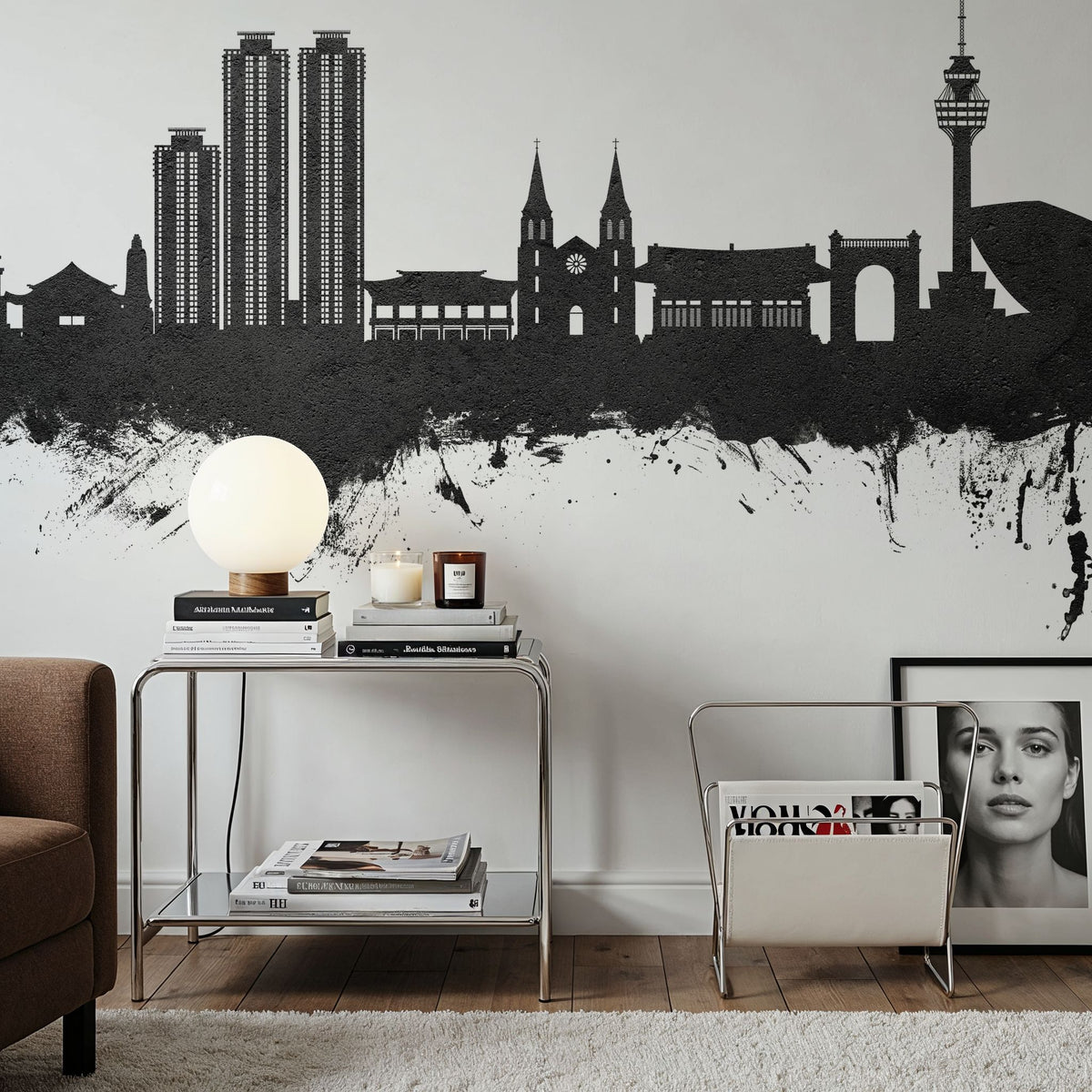 Daegu South Korea Skyline Black & White Mural Wallpaper - room preview 02