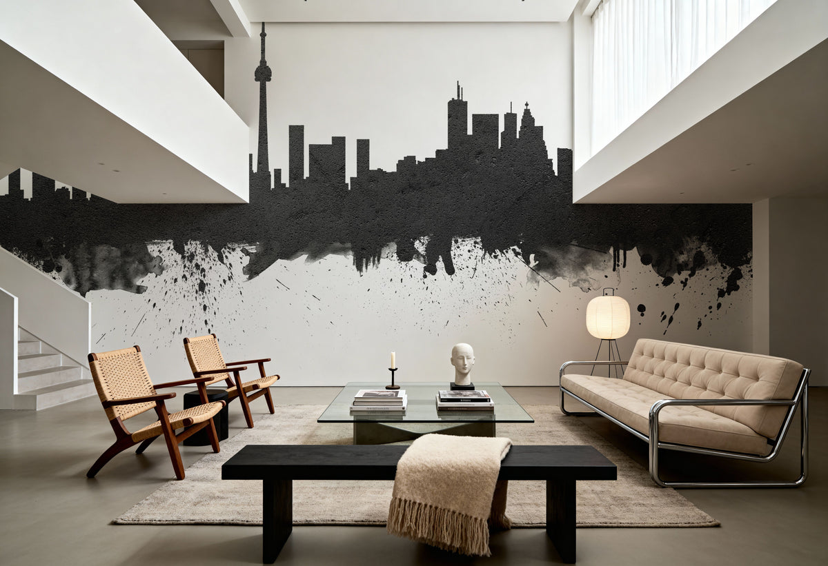 Toronto Canada Skyline Black & White Mural Wallpaper - room preview 02