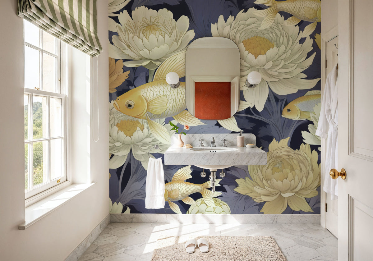 Dancing Fish, Yellow on Purple Mural Wallpaper - room preview 02