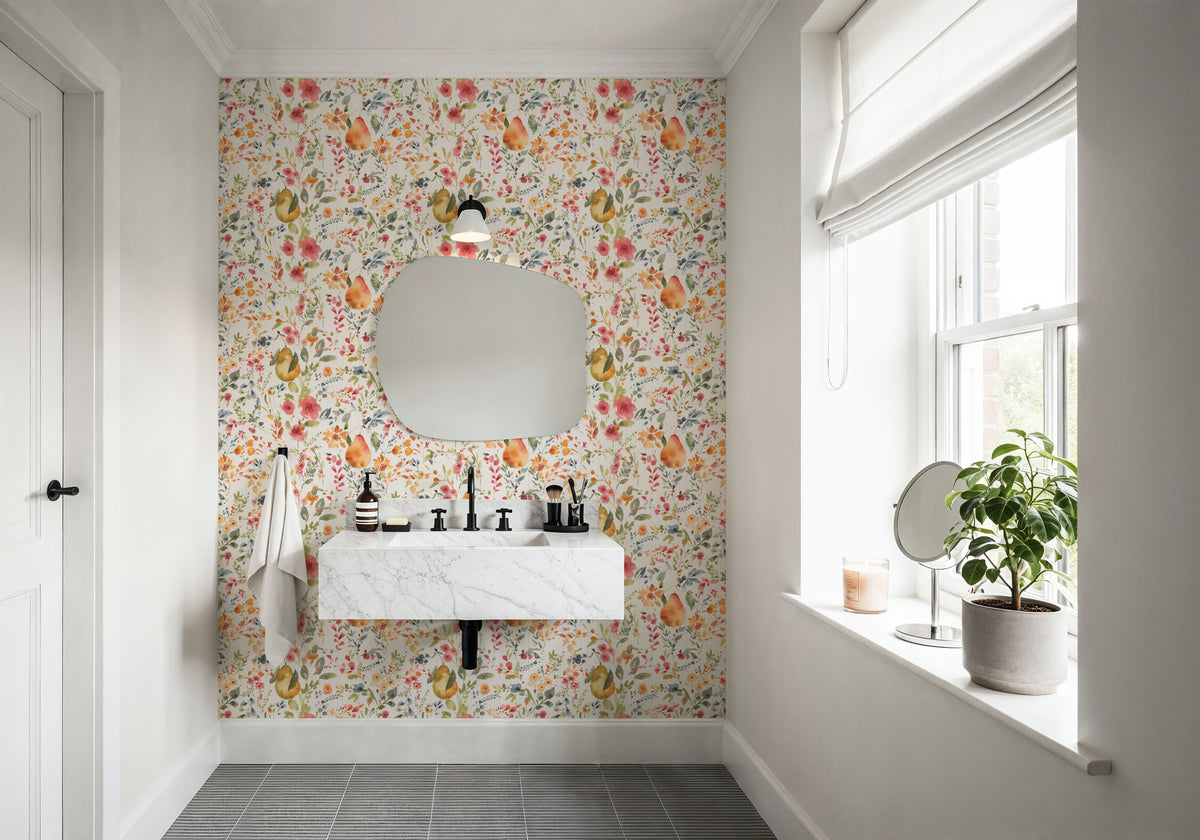 Time to Share Flowers and Pears White Mural Wallpaper - room preview 02