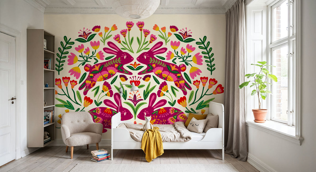 Otomi Rabbits & Flowers Mural Wallpaper - room preview 02