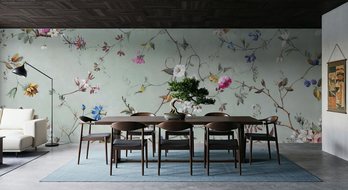 Floral Heaven, Vibrant on Sage Mural Wallpaper - room preview 02
