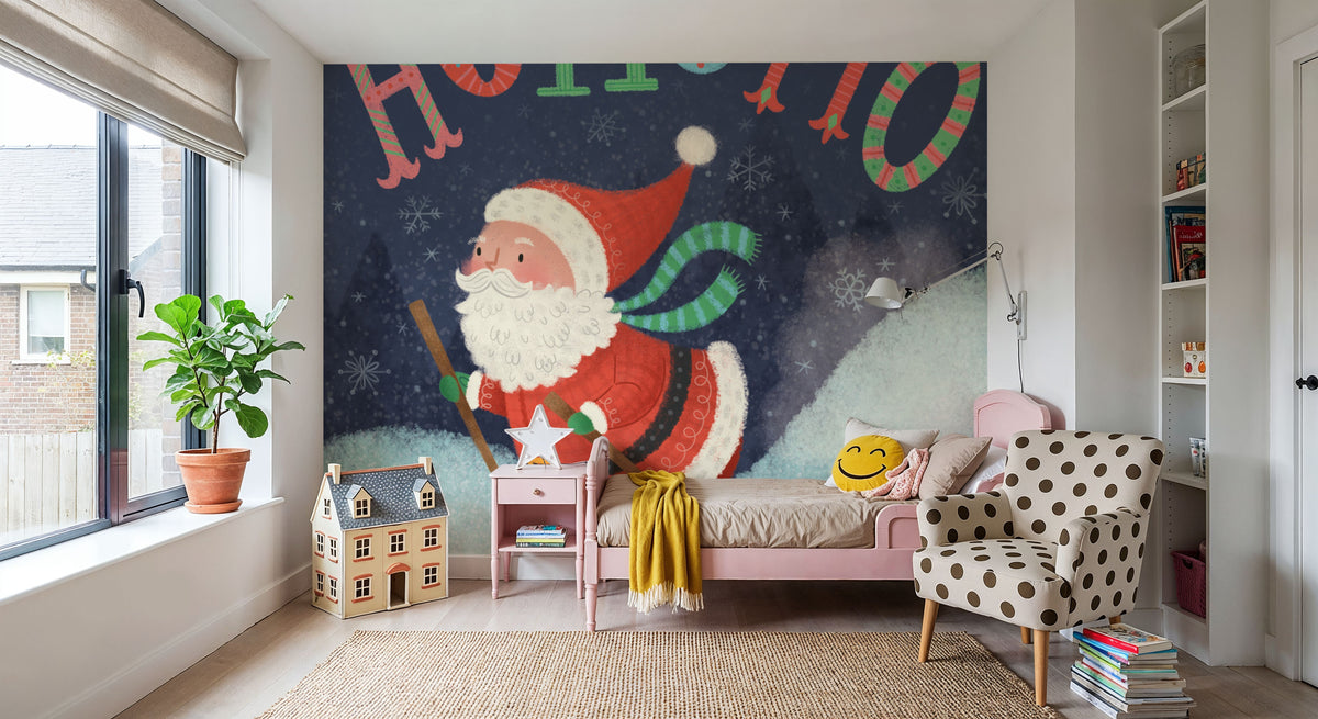 Skiing Santa Mural Wallpaper - room preview 02