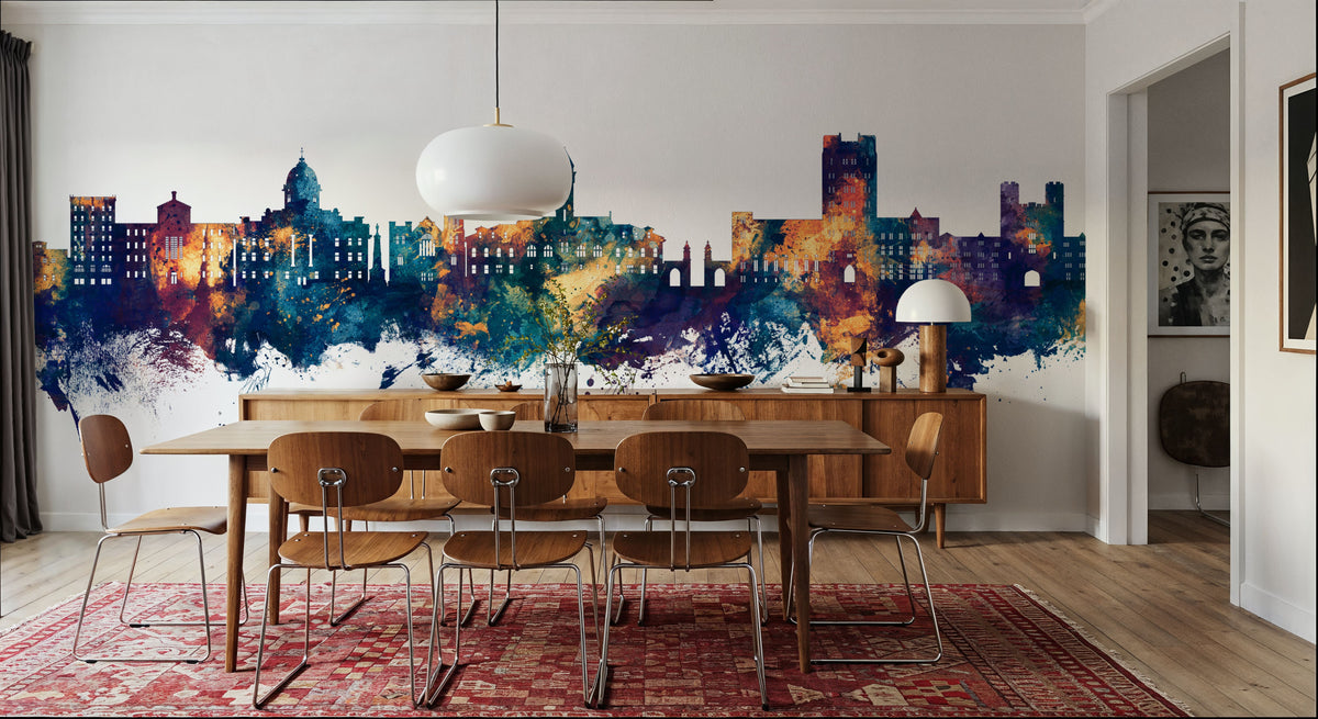 Bloomington Indiana Skyline Blue & Bronze Mural Wallpaper - room preview 02