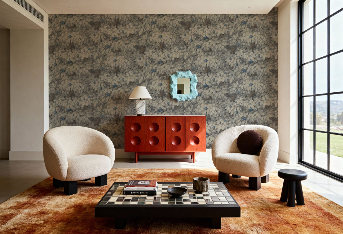Fruit Tree Bower, Blue on Mauve Mural Wallpaper - room preview 02