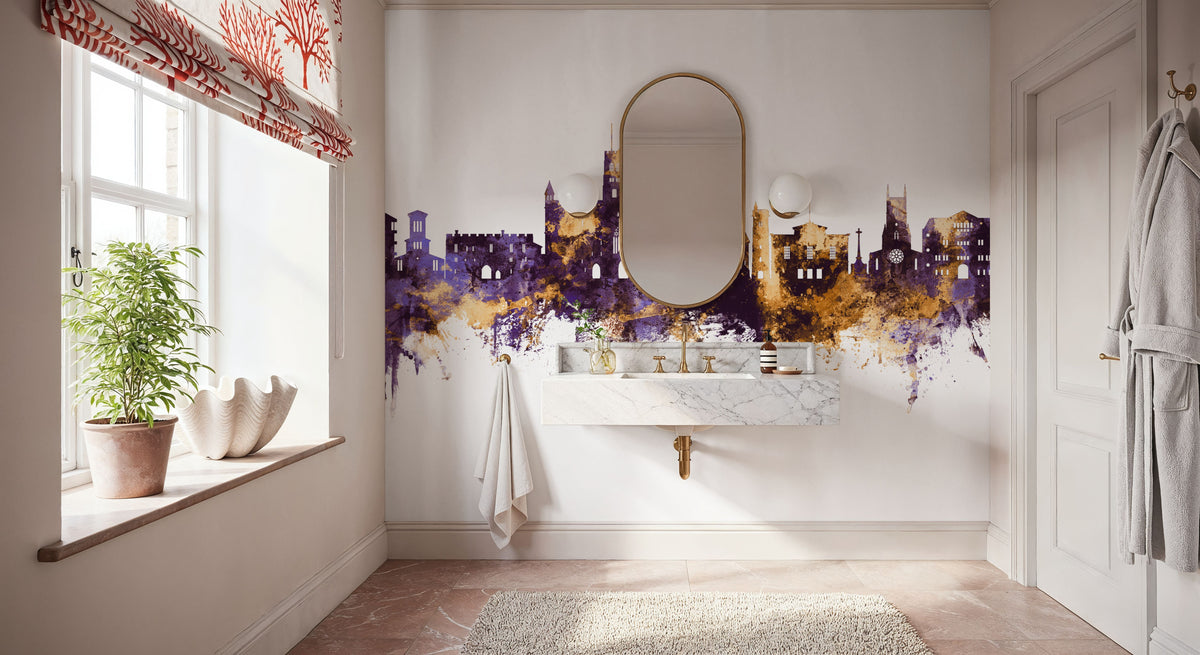 St Albans England Skyline Purple & Gold Mural Wallpaper - room preview 02
