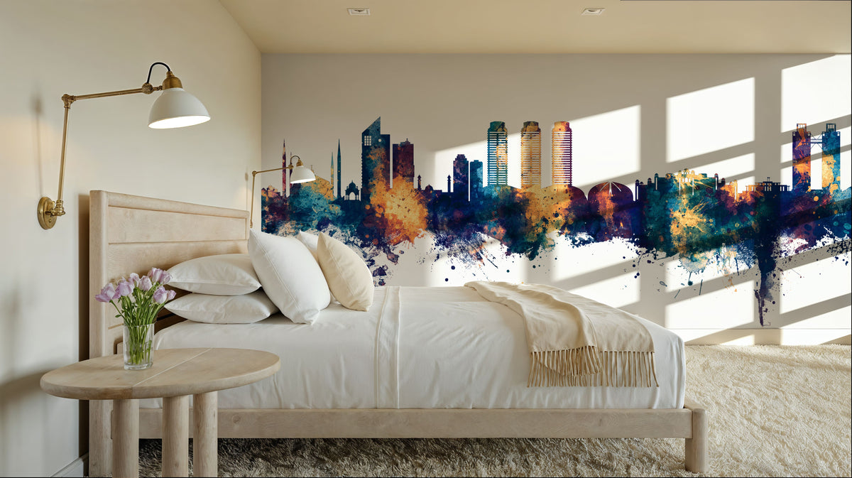 Islamabad Pakistan Skyline Blue & Bronze Mural Wallpaper - room preview 02
