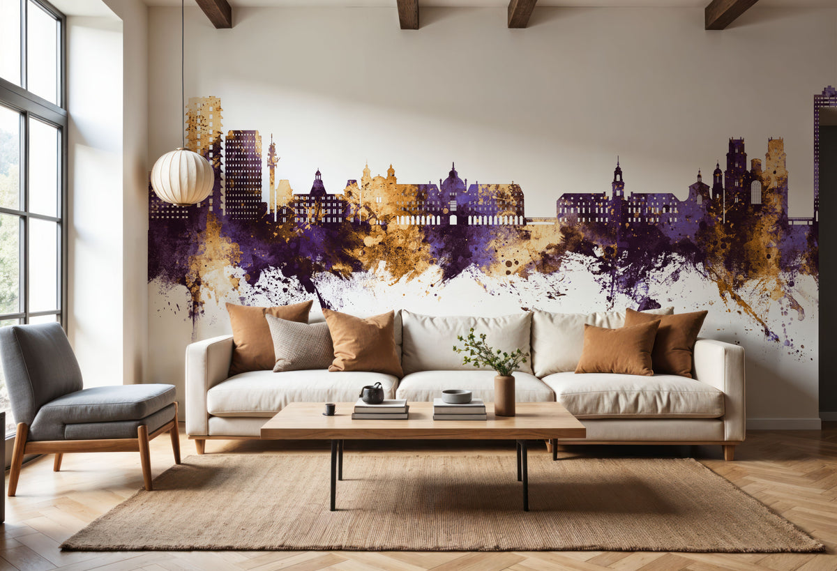 Rennes France Skyline Purple & Gold Mural Wallpaper - room preview 02