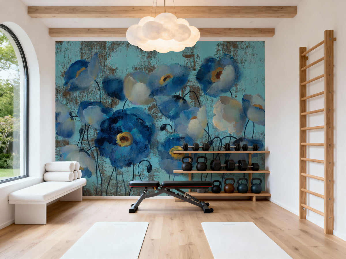 Aquamarine Floral on Blue Mural Wallpaper - room preview 02