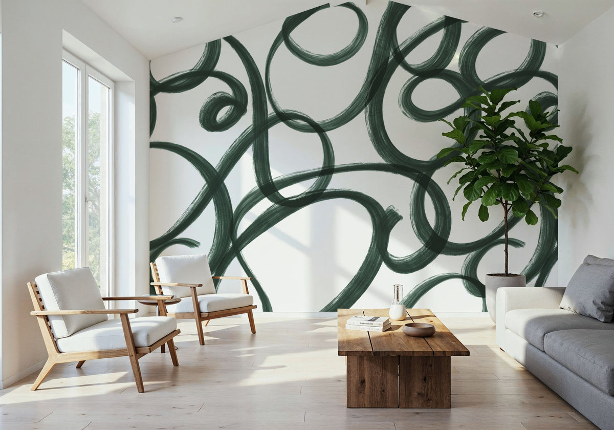 Curly Brush Lines, Salamander Green Mural Wallpaper - room preview 02