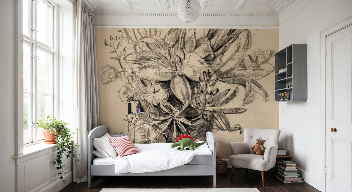 Flowers in a Vase Sketch Mural Wallpaper - room preview 02