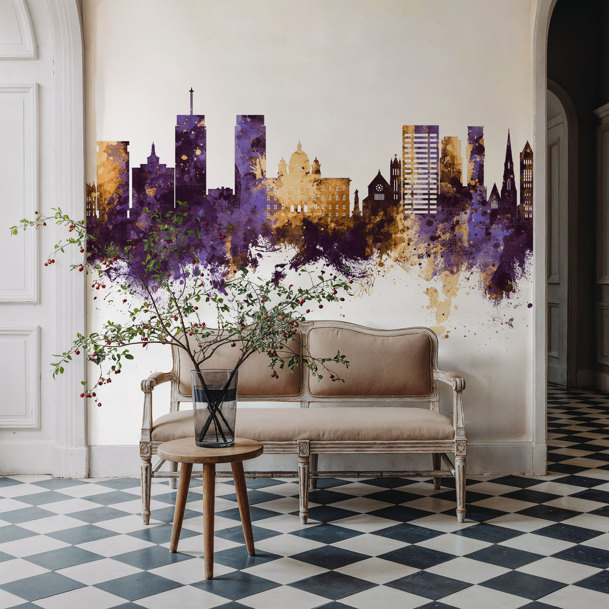 Syracuse New York Skyline Purple & Gold Mural Wallpaper - room preview 02