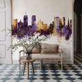 Syracuse New York Skyline Purple & Gold Mural Wallpaper - room preview 02