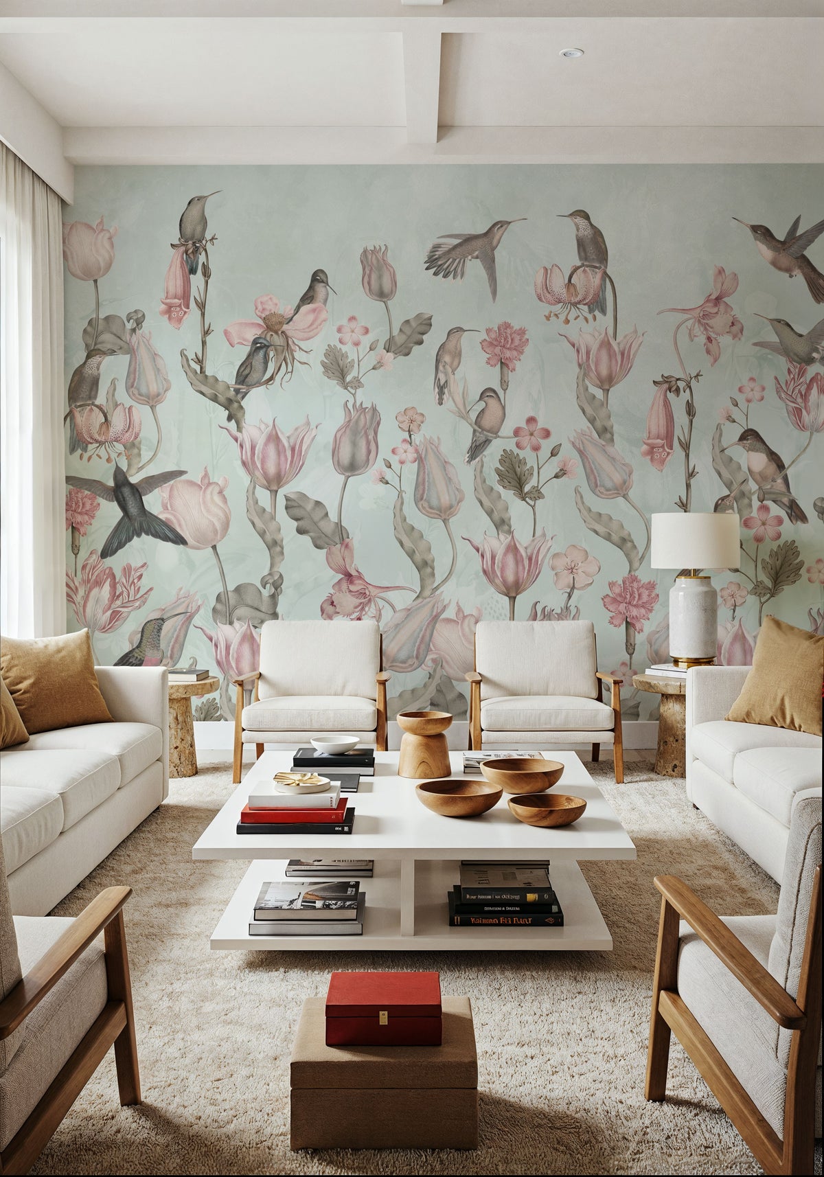Tulips & Birds, Pistachio Mural Wallpaper - room preview 02