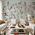 Tulips & Birds, Pistachio Mural Wallpaper - room preview 02