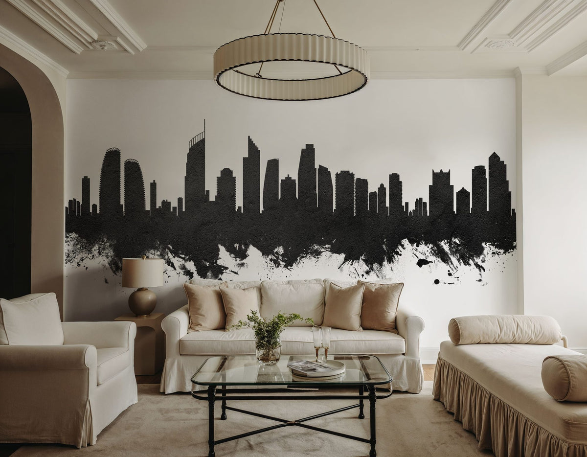 Gold Coast Australia Skyline Black & White Mural Wallpaper - room preview 02