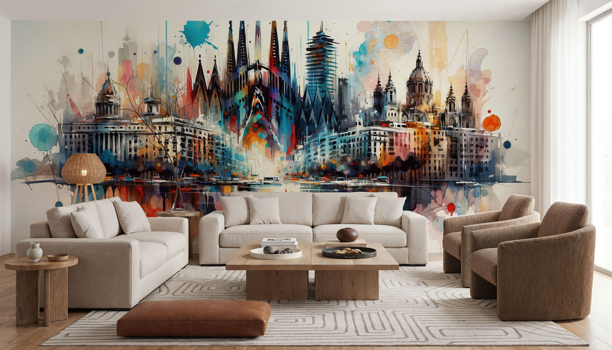 Watercolor Skyline Barcelona I Mural Wallpaper - room preview 02