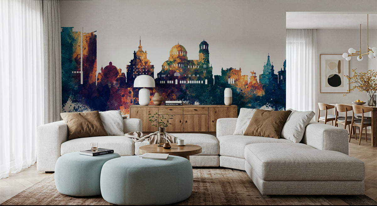 Sofia Bulgaria Skyline Blue & Bronze Mural Wallpaper - room preview 02
