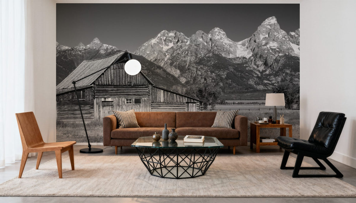 Mountain Homestead Black & White Mural Wallpaper - room preview 02