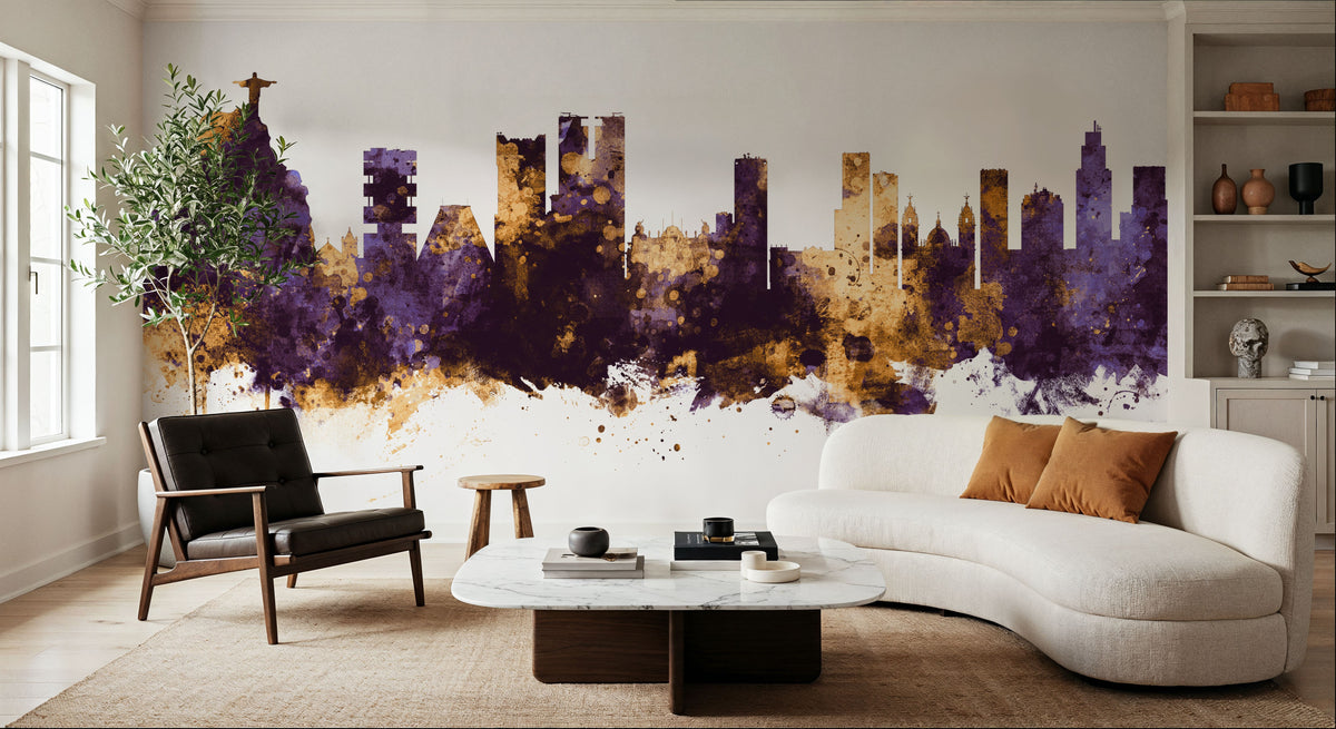 Rio De Janeiro Brazil Skyline Purple & Gold Mural Wallpaper - room preview 02