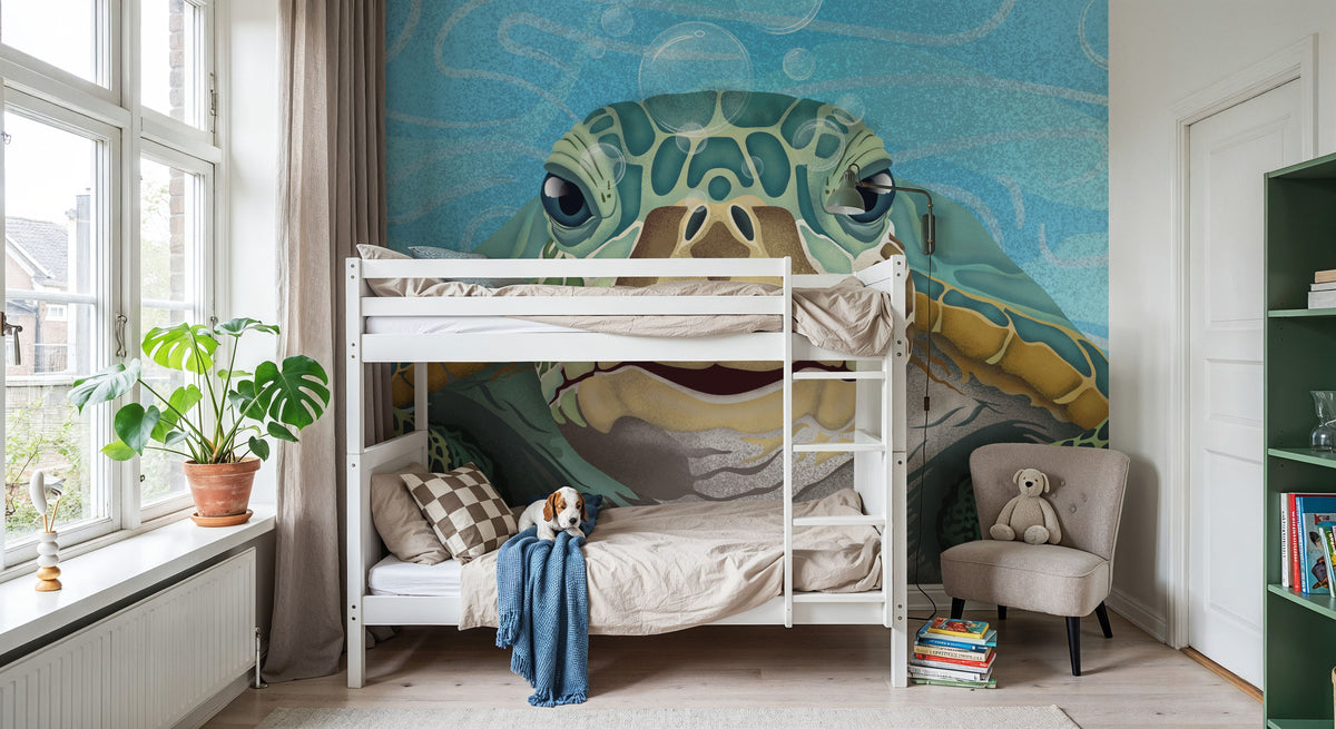 Hello Turtle, Light Blue Mural Wallpaper - room preview 02