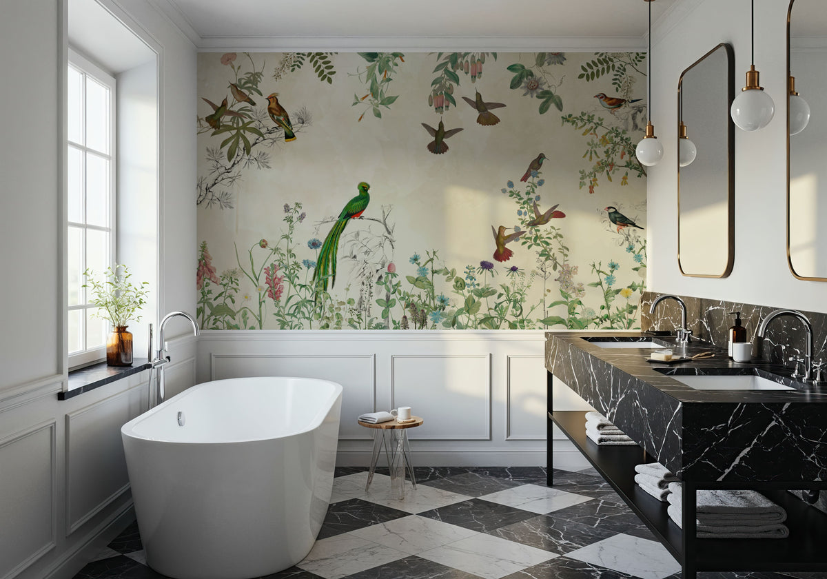 Fields of Birds and Flowers Mural Wallpaper - Warm Tone - room preview 02