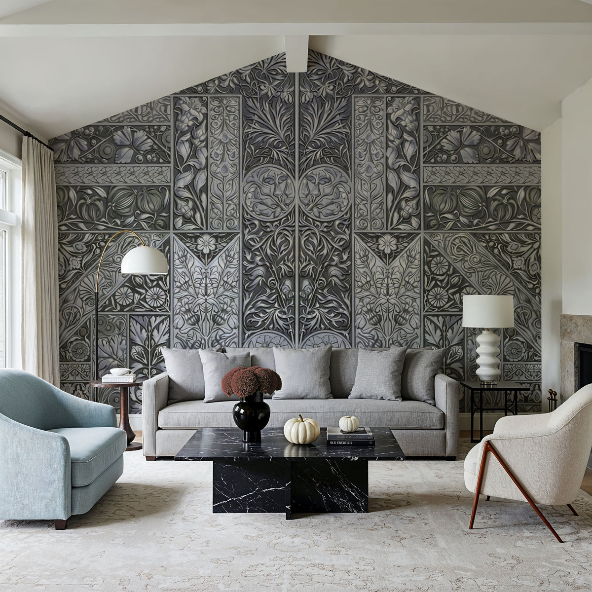 Flower Collection, Green & Blue Mural Wallpaper - room preview 02