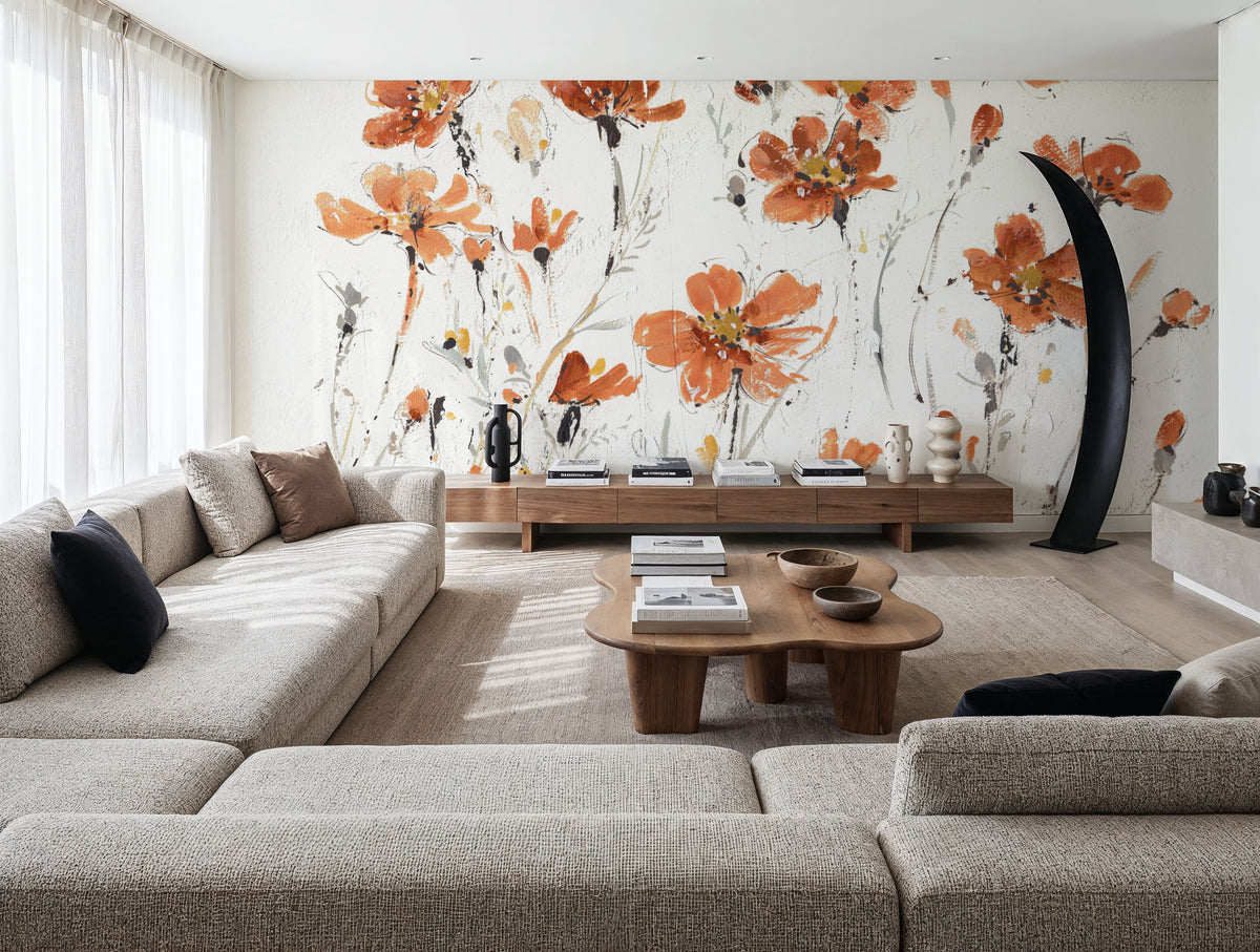 Wildflowers III Orange on White Mural Wallpaper - room preview 02