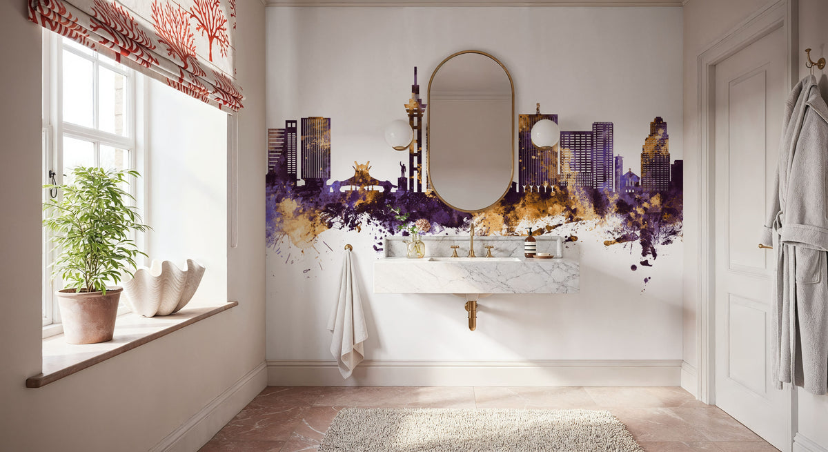 Kinshasa Skyline Purple & Gold Mural Wallpaper - room preview 02