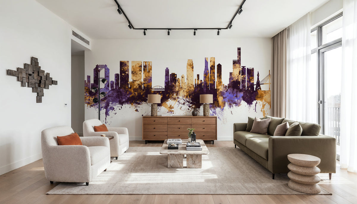 Osaka Skyline Purple & Gold Mural Wallpaper - room preview 02