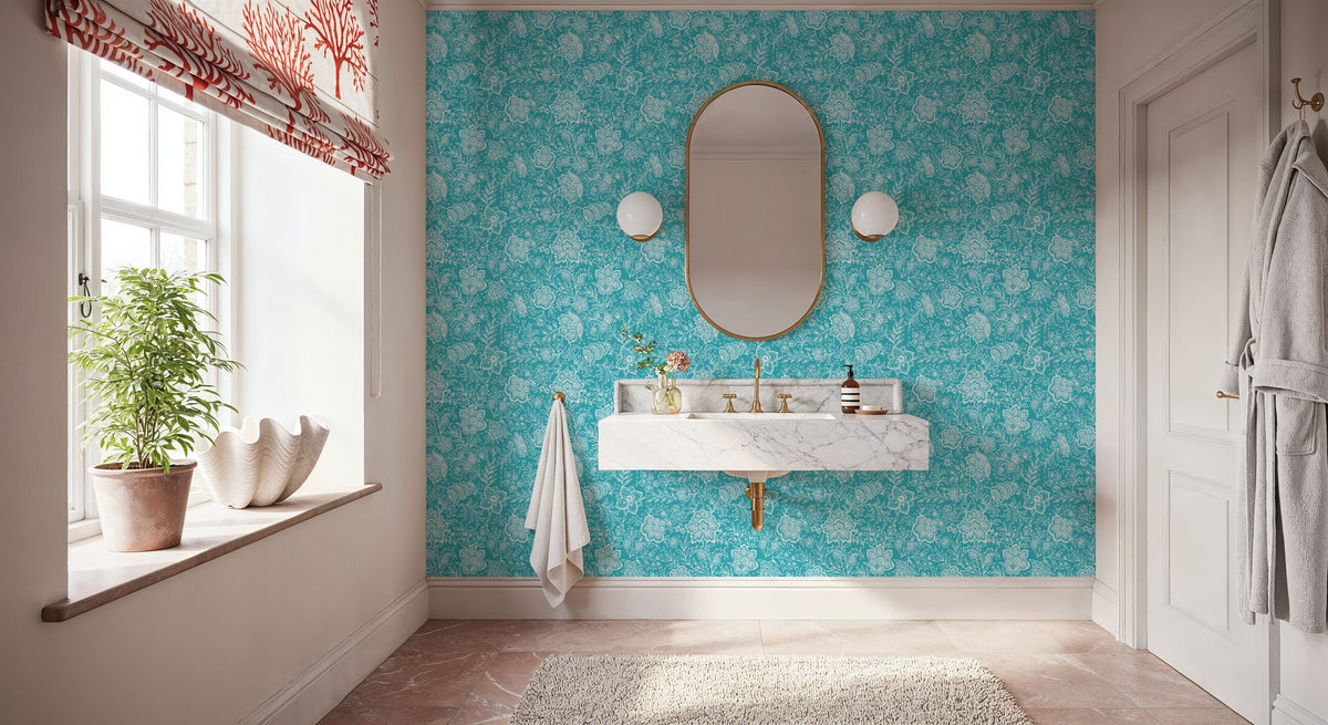 Kala Flowers White on Turqouise Mural Wallpaper - room preview 02